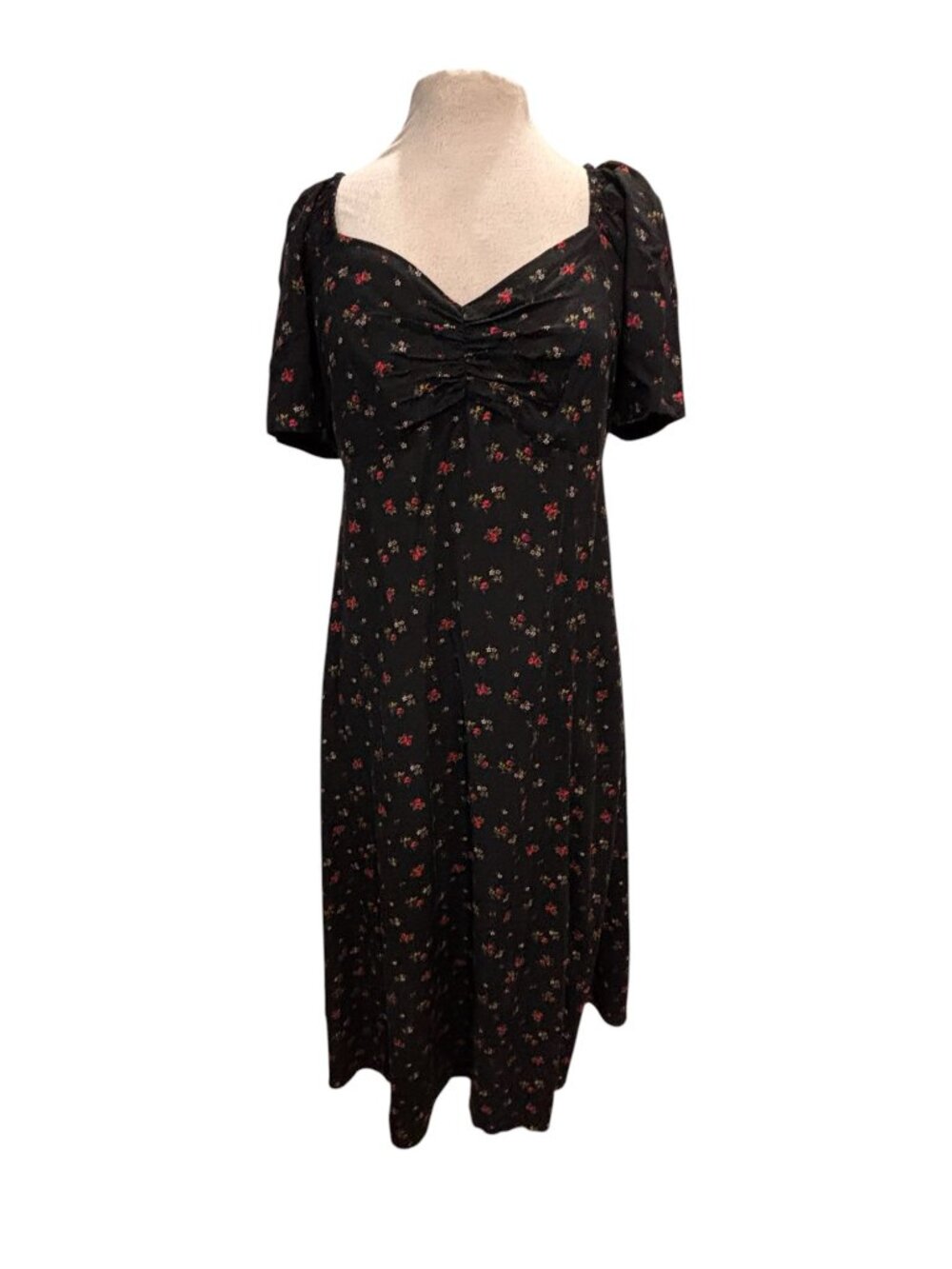 GAP Floral Midi Dress Black Ditsy Print Puff Sleeve Cottagecore L - Picture 2 of 9